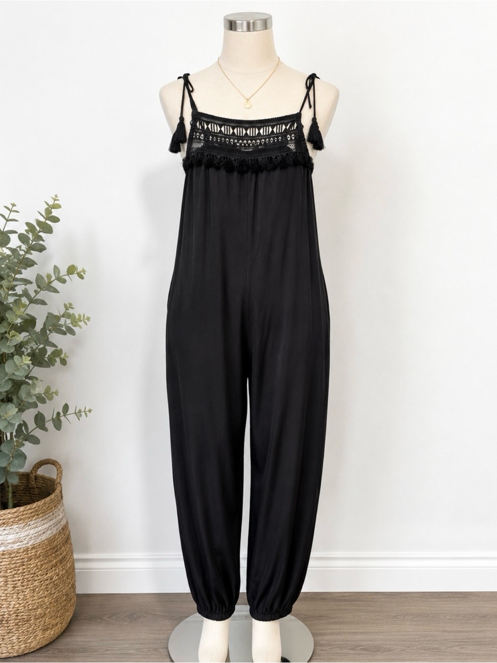 Madewell Silk Tassel Trim Jumpsuit Black XS NWT Style F1494
